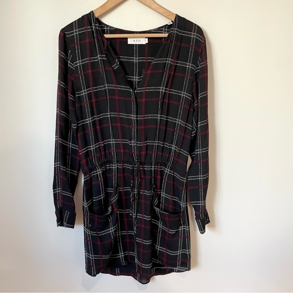 A.L.C. Simona Check Black Red Plaid Print 100% Silk Shirt Dress Size 6
